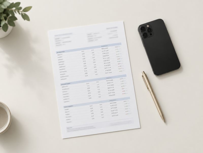 Laudo de exame de sangue impresso sobre a mesa, ao lado de um celular e de uma caneta dourada.